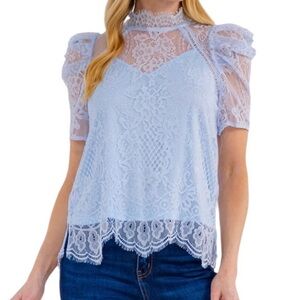 Floral Lace Blouse Puff Short Sleeve in Blue Soft & Stretchy